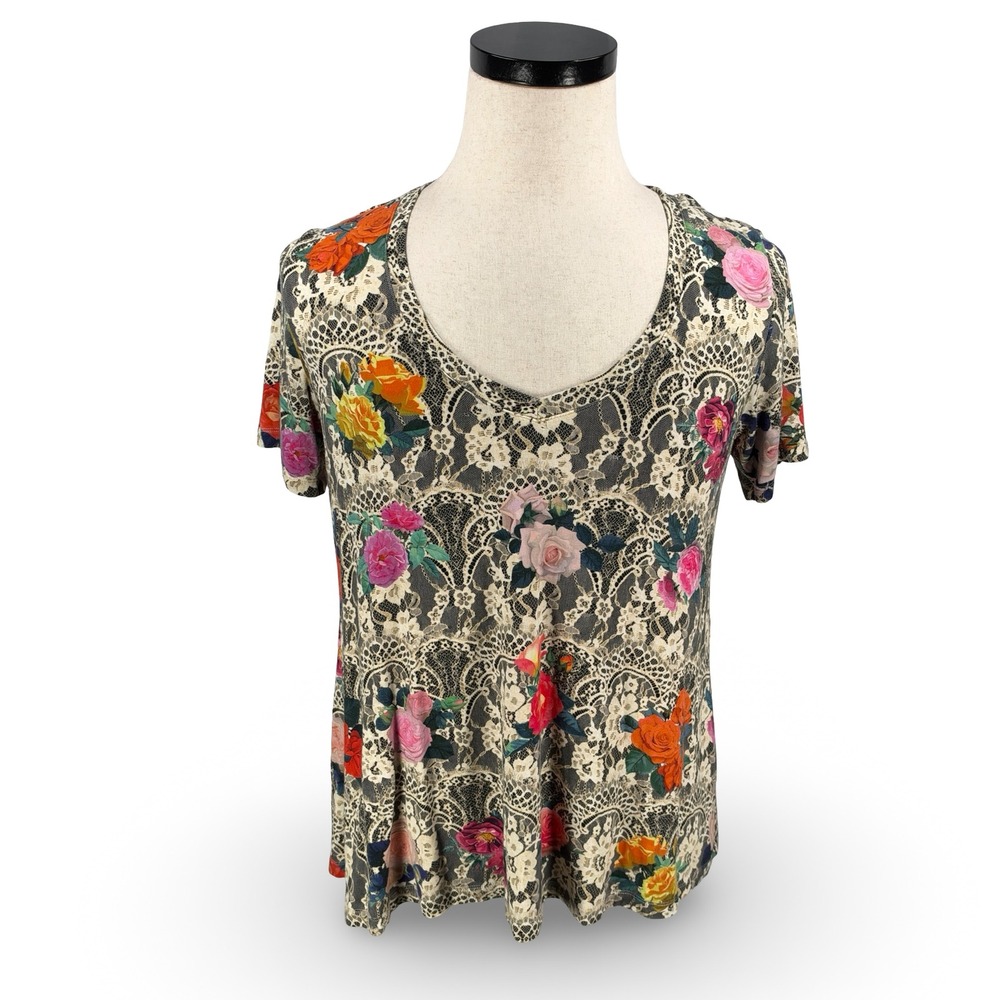 Johnny Was Lace Favorite Women Floral Lace Print V-Neck Short Sleeve Top Medium